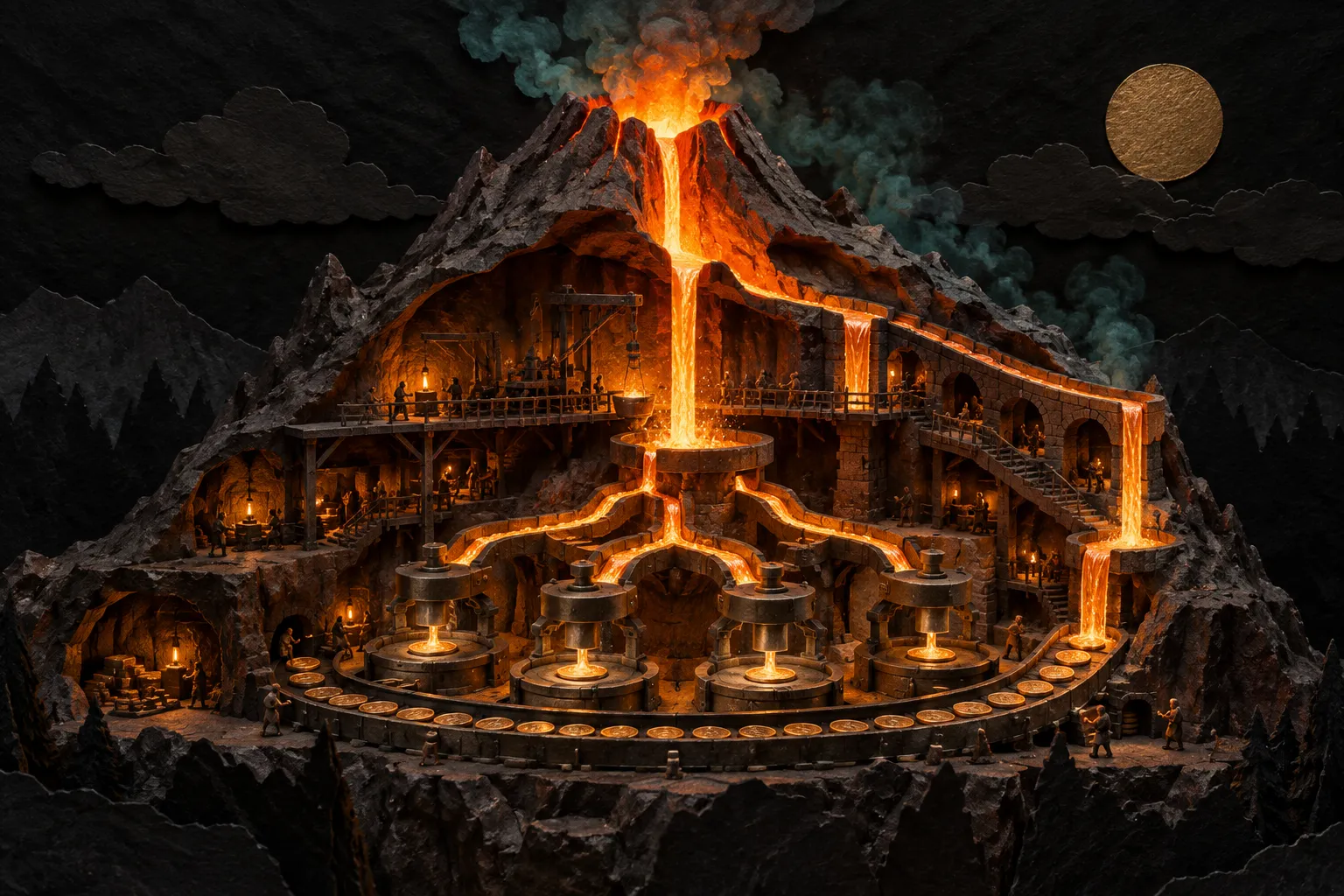 Original cutaway theatre diorama of a volcano feeding bronze minting channels