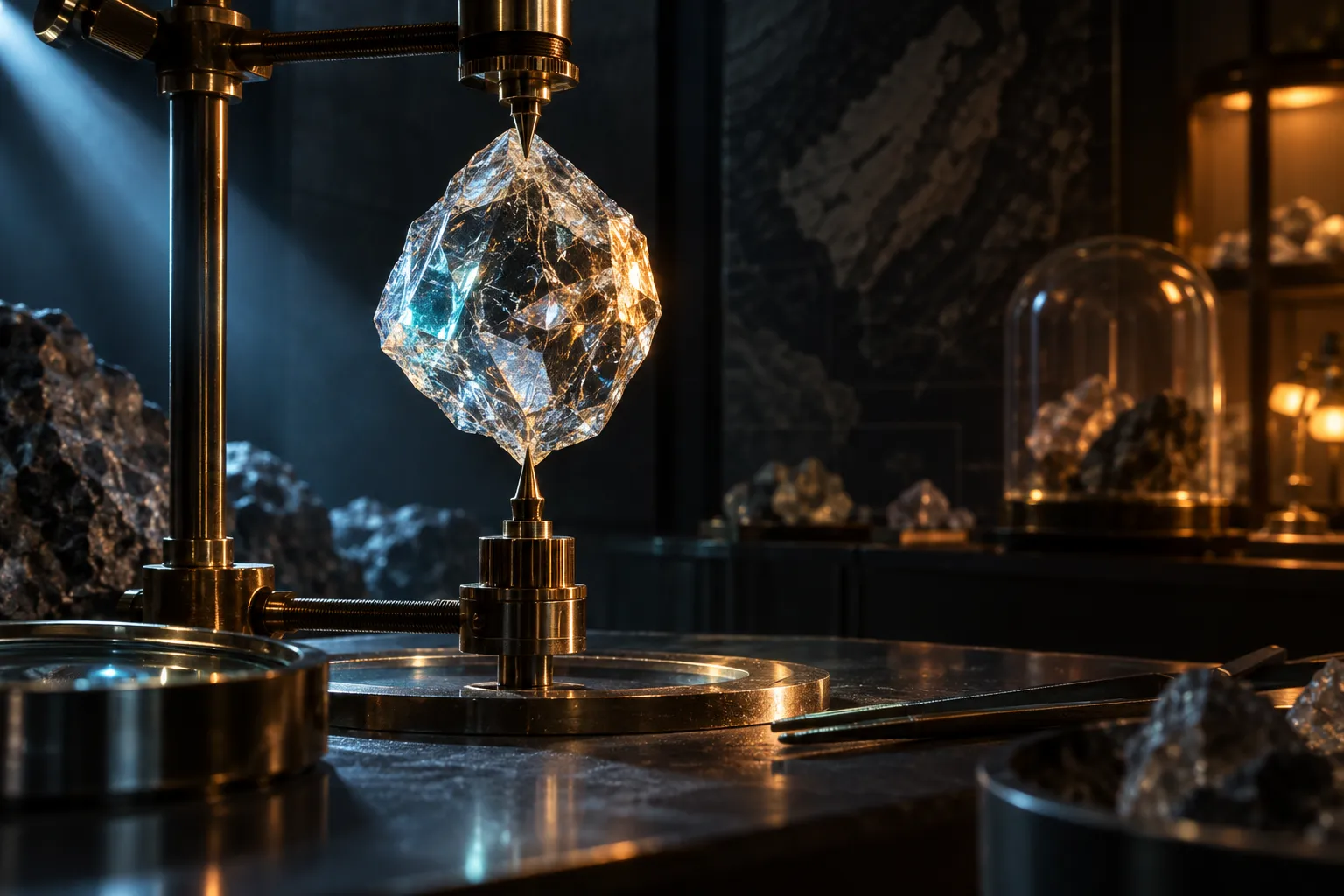 a raw diamond held inside a dark geological laboratory