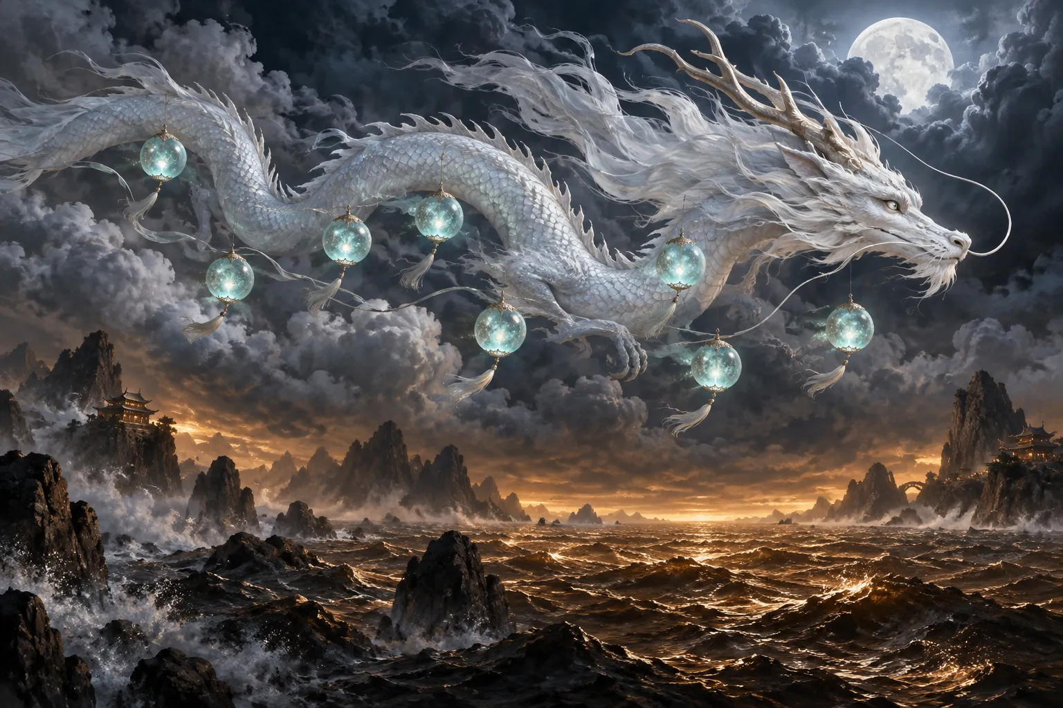 a porcelain river dragon carrying pale pearl lanterns above a bronze sea