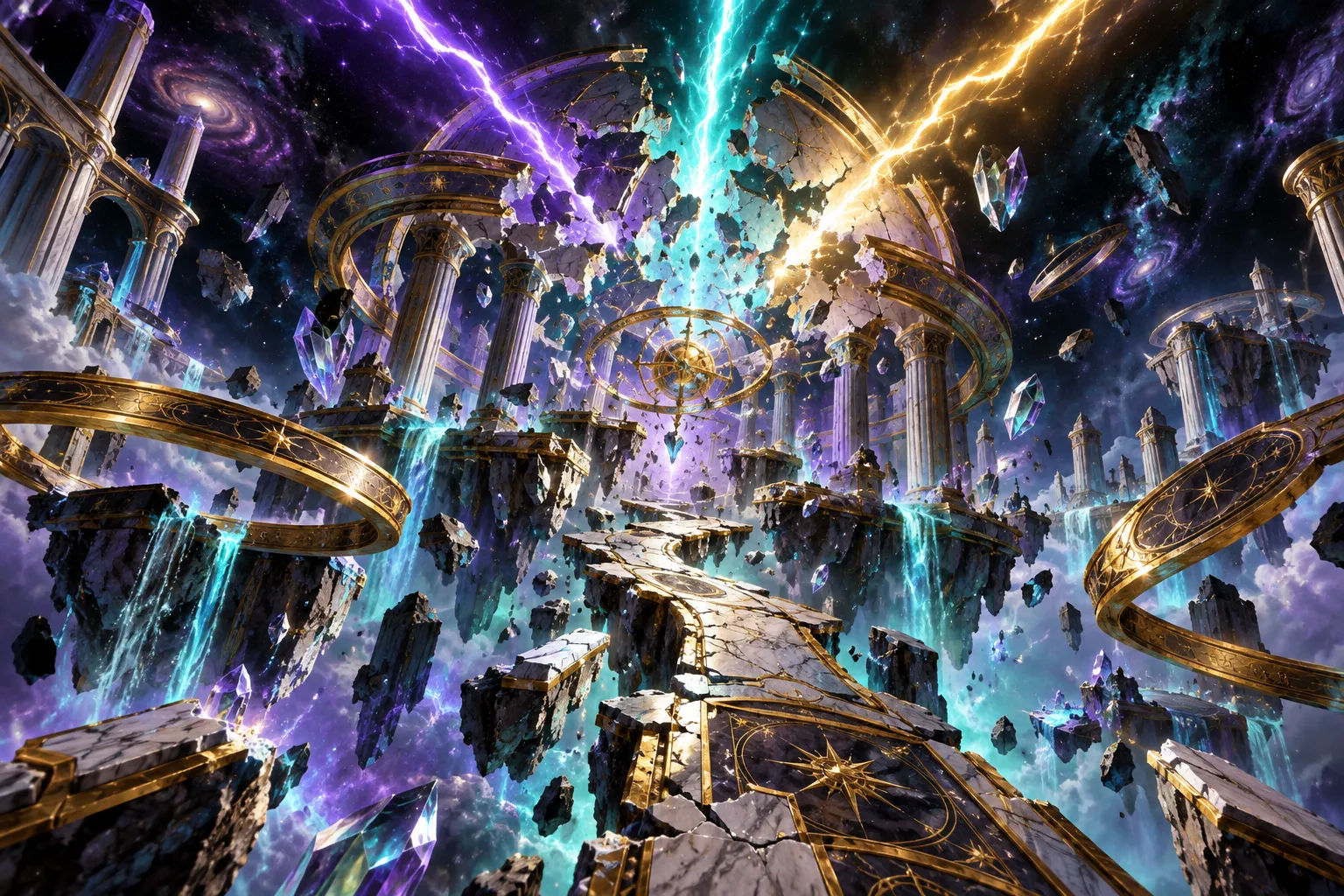 a celestial observatory fractured by prismatic lightning