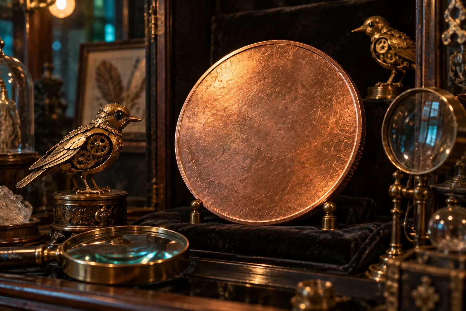 Original editorial still life of a copper penny in a clockwork cabinet of curiosities