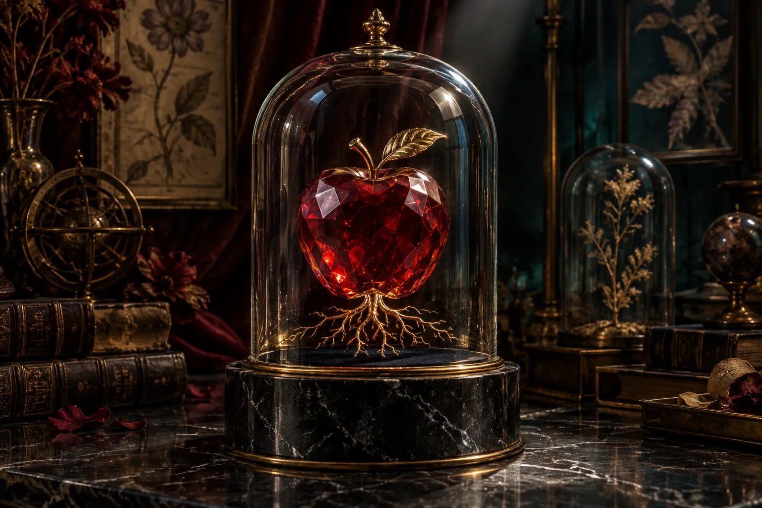 Original editorial still life of a faceted crimson apple under a glass museum dome