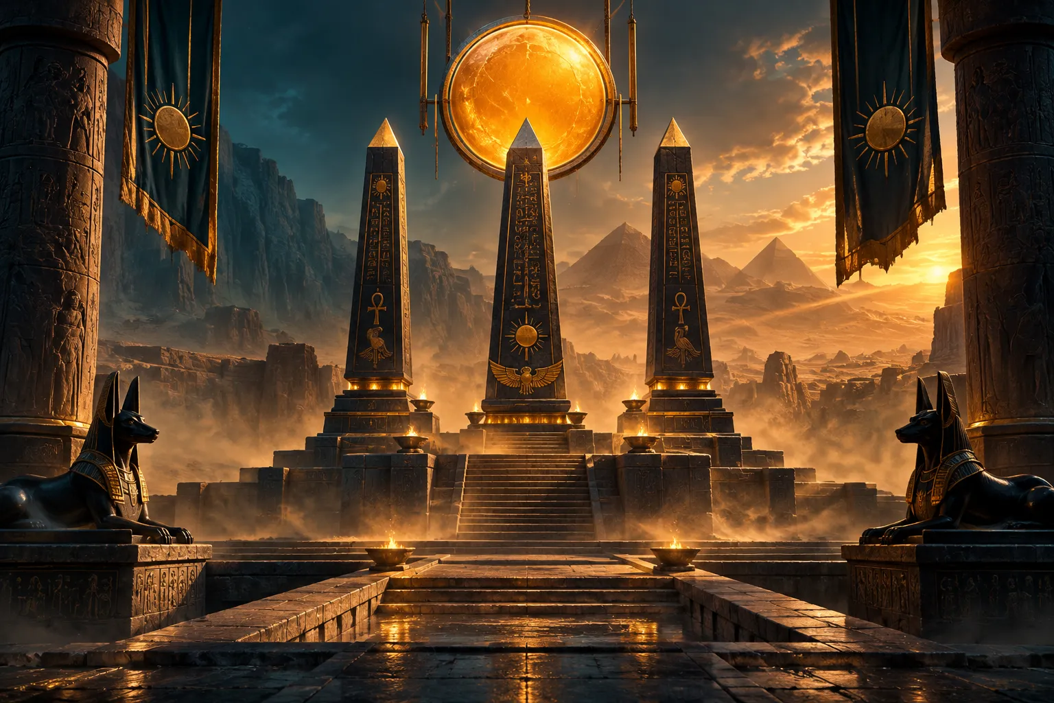 three obsidian obelisks beneath a suspended amber sun