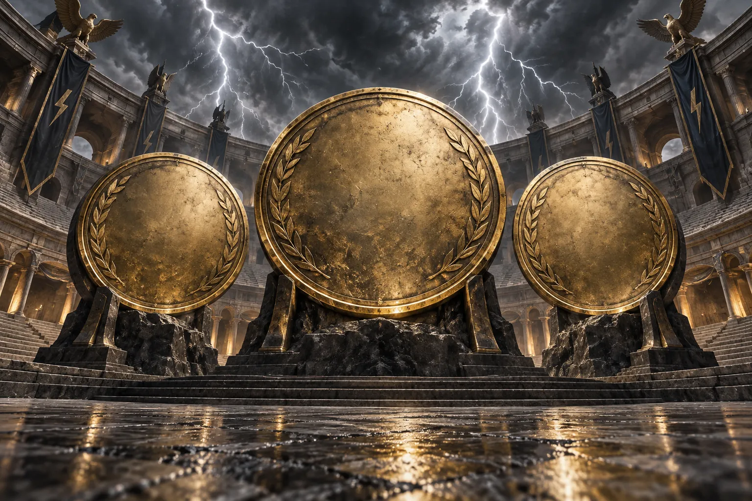 monumental blank medallions in a lightning-struck amphitheatre