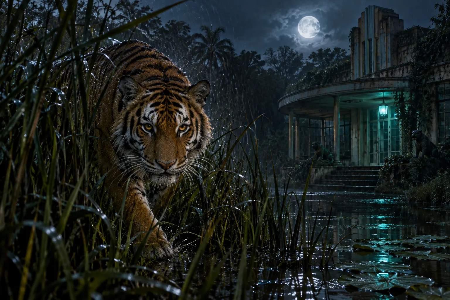 Original editorial photograph of a tiger beside a flooded art-deco pavilion at night